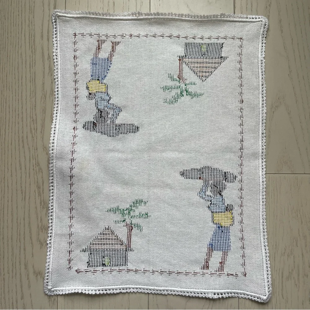 Vintage linen textile tea towel cloth embroidered mother and child cross stitch